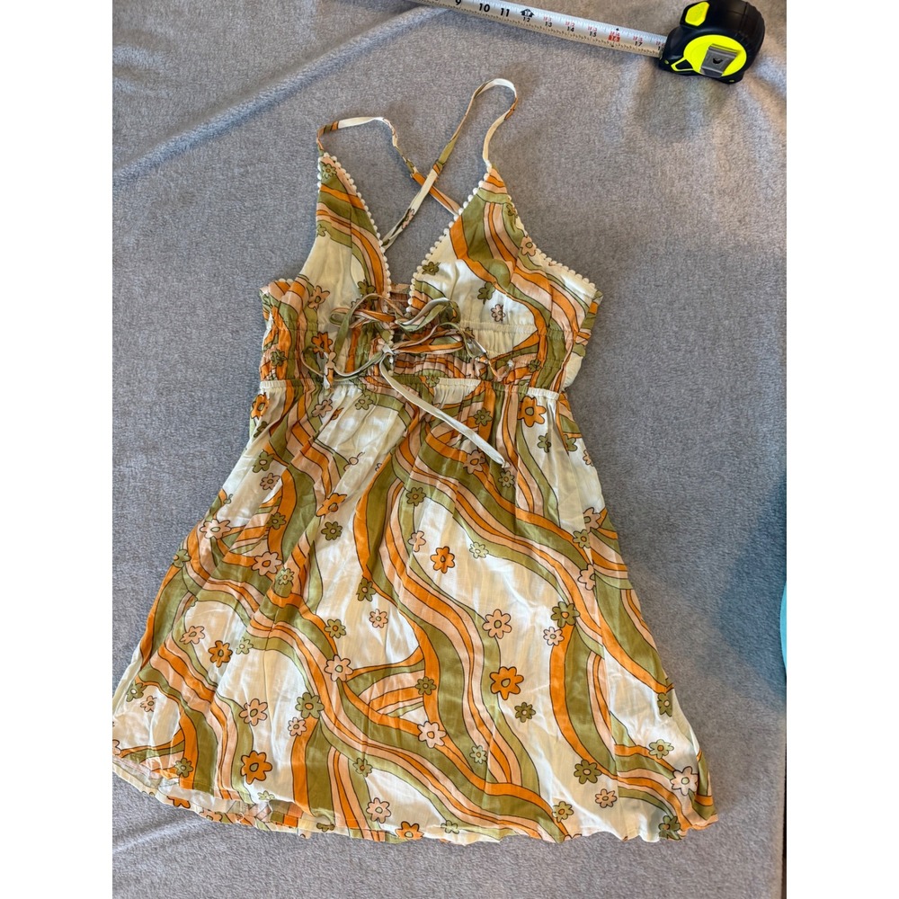 Wild Fable Floral Wavy Psychedelic Mini Dress Womens M Orange Green Boho 70s